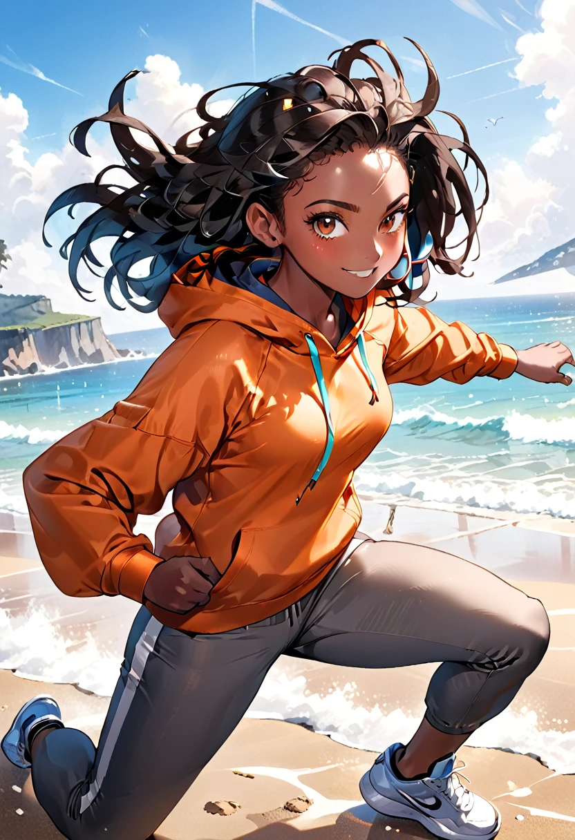 ( black woman, dreadlocks, kickboxer jogging, headphones, beautiful african-caribbean features,  pale orange hoodie,  gray yoga pants, sneakers),  ((((Impossible beauty, screencap, Score_8_up, thickline art, hyper-detail art,  anime coloring, best quality, hyper-hdr, 8k uhd,  hyper absurdres, very aesthetic,  side view)))),(((very dark skin, voluptuous, curvy, strong, shortstack, black hair, soft face, small wide nose, firm medium breast, curvy hips,  wide hips, red and brown heterochromia eyes))), (((((Hyper-stylistic, sharp gradients, deep highlights, hyper exposure, hyper-detailed Beach front background, hyper-detailed smooth textures)))), hyper emotional, ((perfect hands,  hyper perfect , perfect eyes, perfect anatomy, perfect  physiques, amazing skin, hyper-detailed eyes,  hyper-detailed features)), (salaciously smiling, dynamism,   dynamic lighting, dynamic shading, sensual shadowing,  sensual atmosphere)