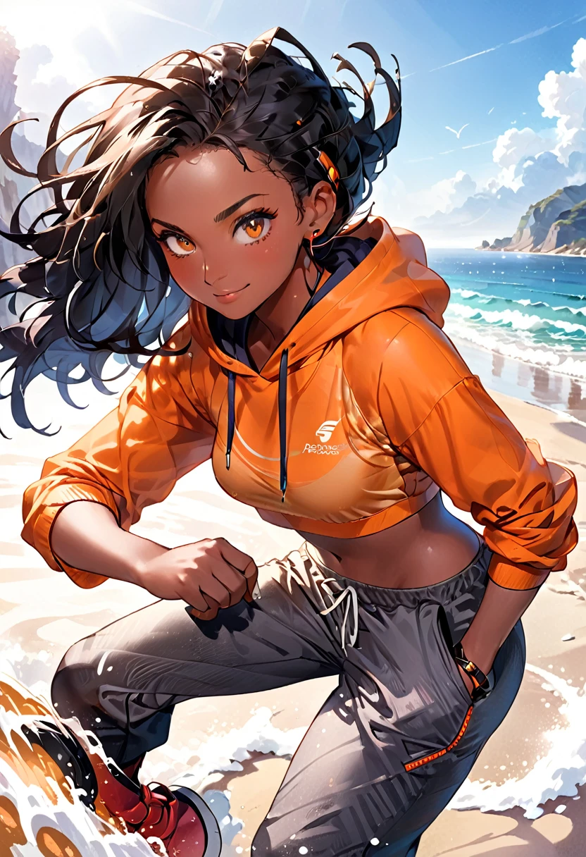 ( black woman, dreadlocks, kickboxer jogging, headphones, beautiful african-caribbean features,  pale orange hoodie,  gray yoga pants, sneakers),  ((((Impossible beauty, screencap, Score_8_up, thickline art, hyper-detail art,  anime coloring, best quality, hyper-hdr, 8k uhd,  hyper absurdres, very aesthetic,  side view)))),(((very dark skin, voluptuous, curvy, strong, shortstack, black hair, soft face, small wide nose, firm medium breast, curvy hips,  wide hips, red and brown heterochromia eyes))), (((((Hyper-stylistic, sharp gradients, deep highlights, hyper exposure, hyper-detailed Beach front background, hyper-detailed smooth textures)))), hyper emotional, ((perfect hands,  hyper perfect , perfect eyes, perfect anatomy, perfect  physiques, amazing skin, hyper-detailed eyes,  hyper-detailed features)), (salaciously smiling, dynamism,   dynamic lighting, dynamic shading, sensual shadowing,  sensual atmosphere)