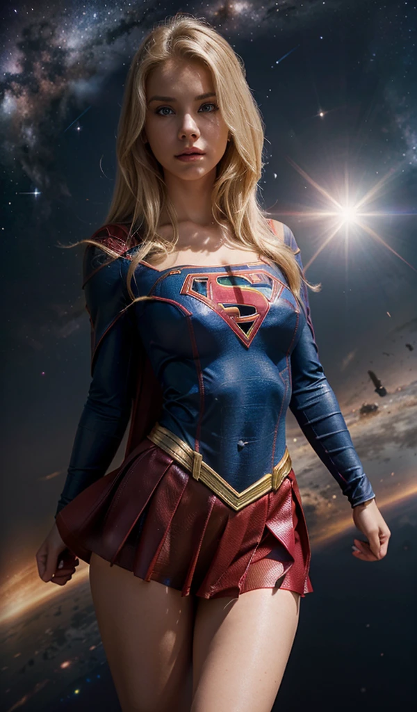 The actress Nata Lee as Supergirl, actoon pose, perfect curves, extremely beautiful blue eyes, extremely smooth curves, beautiful blond hair, underneath view angle, space proof background