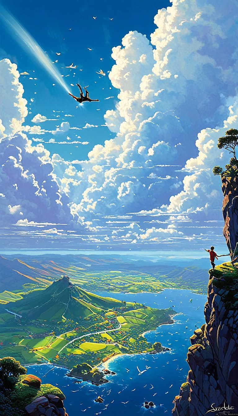 boy falling from the sky, view from afar, clouds with sorada edges,, Kilian Eng y Thomas Kinkade, Rob Gonsalves y Tim White., silvain sarriel, Rhads y Thomas Kinkade, inspired by RHADS, cyril rolando and m.I'm confused, cyril rolando and m. I'm confused, Rhads!!!