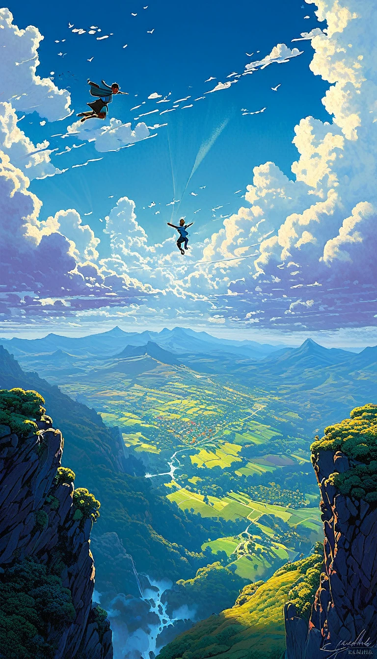 boy falling from the sky, view from afar, clouds with sorada edges,, Kilian Eng y Thomas Kinkade, Rob Gonsalves y Tim White., silvain sarriel, Rhads y Thomas Kinkade, inspired by RHADS, cyril rolando and m.I&#39;m confused, cyril rolando and m. I&#39;m confused, Rhads!!!