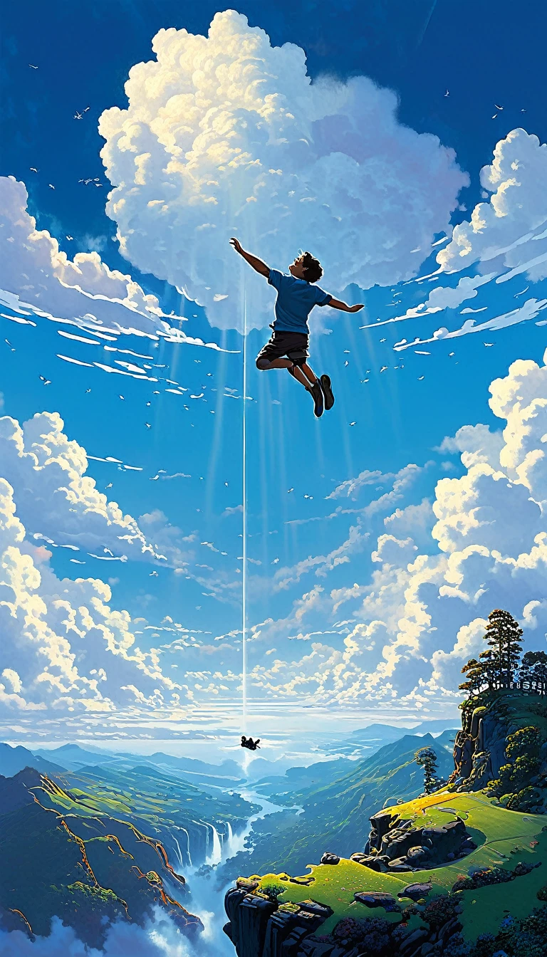 boy falling from the sky, view from afar, clouds with sorada edges,, Kilian Eng y Thomas Kinkade, Rob Gonsalves y Tim White., silvain sarriel, Rhads y Thomas Kinkade, inspired by RHADS, cyril rolando and m.I&#39;m confused, cyril rolando and m. I&#39;m confused, Rhads!!!