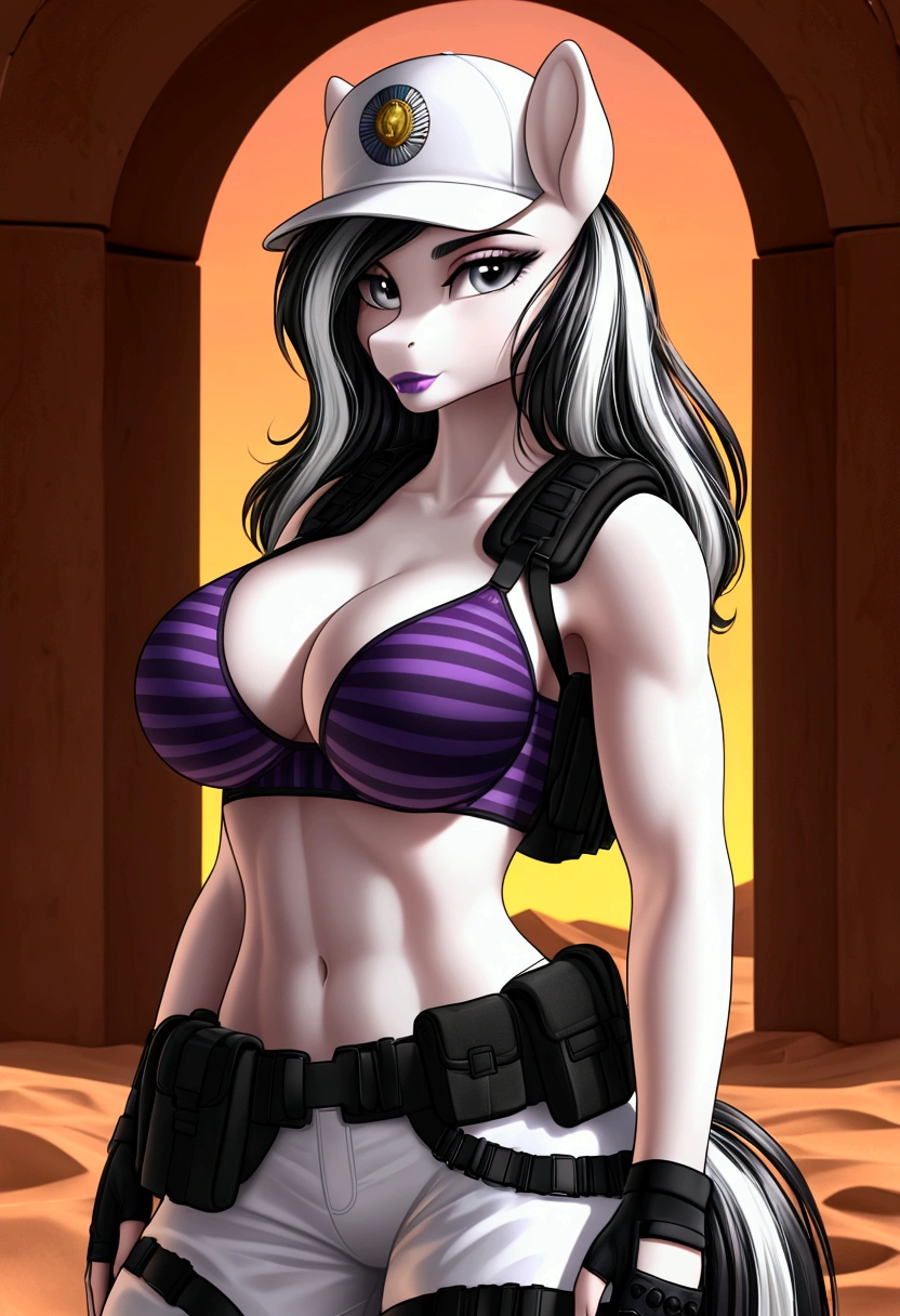 vibrant colors, 8K, high resolution, highly detailed, masterpiece, ((my little pony)), (black striped white hair), (pale white body), (gray eyes) seductive face, woman's tactical gear, standing, big breasts, beautiful body, cap, background daylight desert, purple lips 