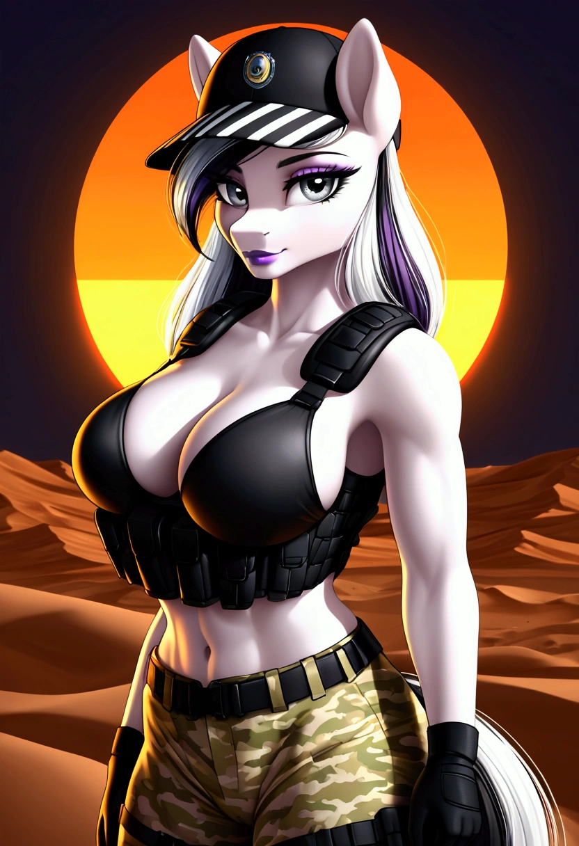 vibrant colors, 8K, high resolution, highly detailed, masterpiece, ((my little pony)), (black striped white hair), (pale white body), (gray eyes) seductive face, woman's tactical gear, standing, big breasts, beautiful body, cap, background daylight desert, purple lips 