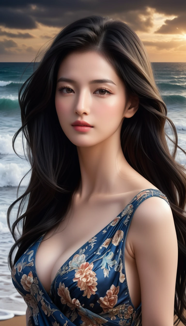 ((Masterpieces with up to 16K resolution:1.6)),Highest quality,it is really amazing,Very detailed,Ultra-high resolution,((Real:1.5)),((Realistic:1.5)),Increased depth of field,((Cinematic Light Effects:1.5)),
Elegant mature woman,((Focus on a woman's face:1.5)),
Long black hair,((Ultra-detailed and beautiful faces:1.5)),Translucent white skin,Very detailedな肌の質感,Great proportions,Anatomically correct body,
elegant beach dress,Artistic design,Beautiful and detailed pattern,Luxurious jewellery decoration,Detailed fabric texture,
Coastal landscape at dusk,Dark clouds and dark sky,delay々Continuing sandy beach, Deserted Beach,Dark sea surface,
(((Close-up shot of face:1.8))),