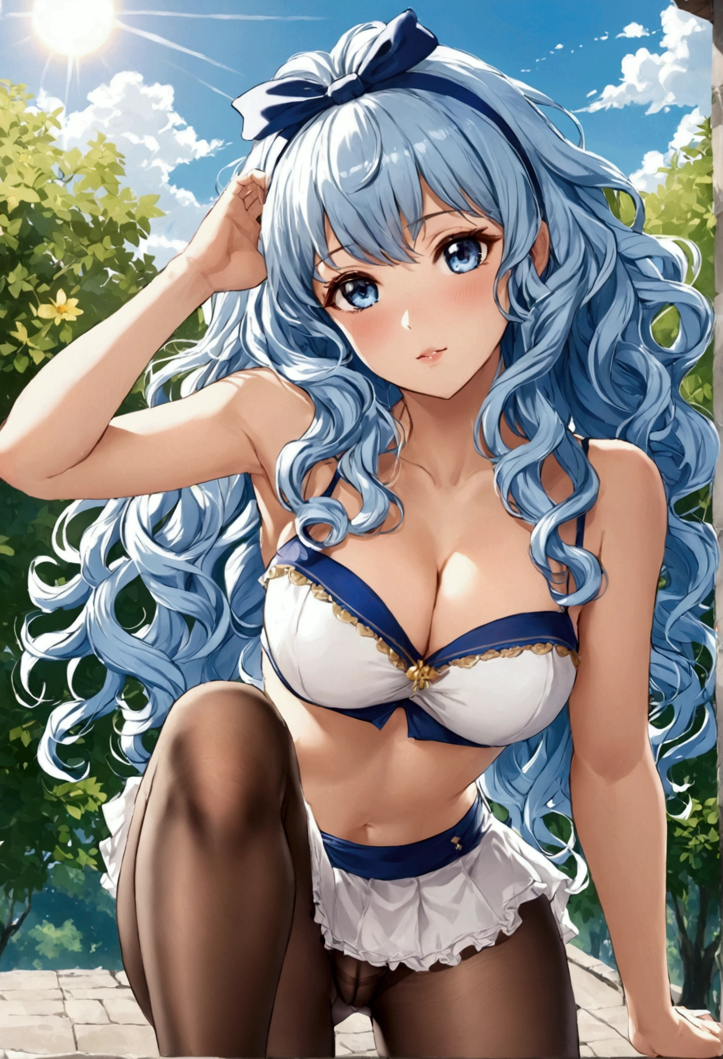 Beautiful Caucasian , blue puffy curly hair,  head band,  very tiny miniskirt,  pantyhose crotch,  open legs,  sun shiny day 