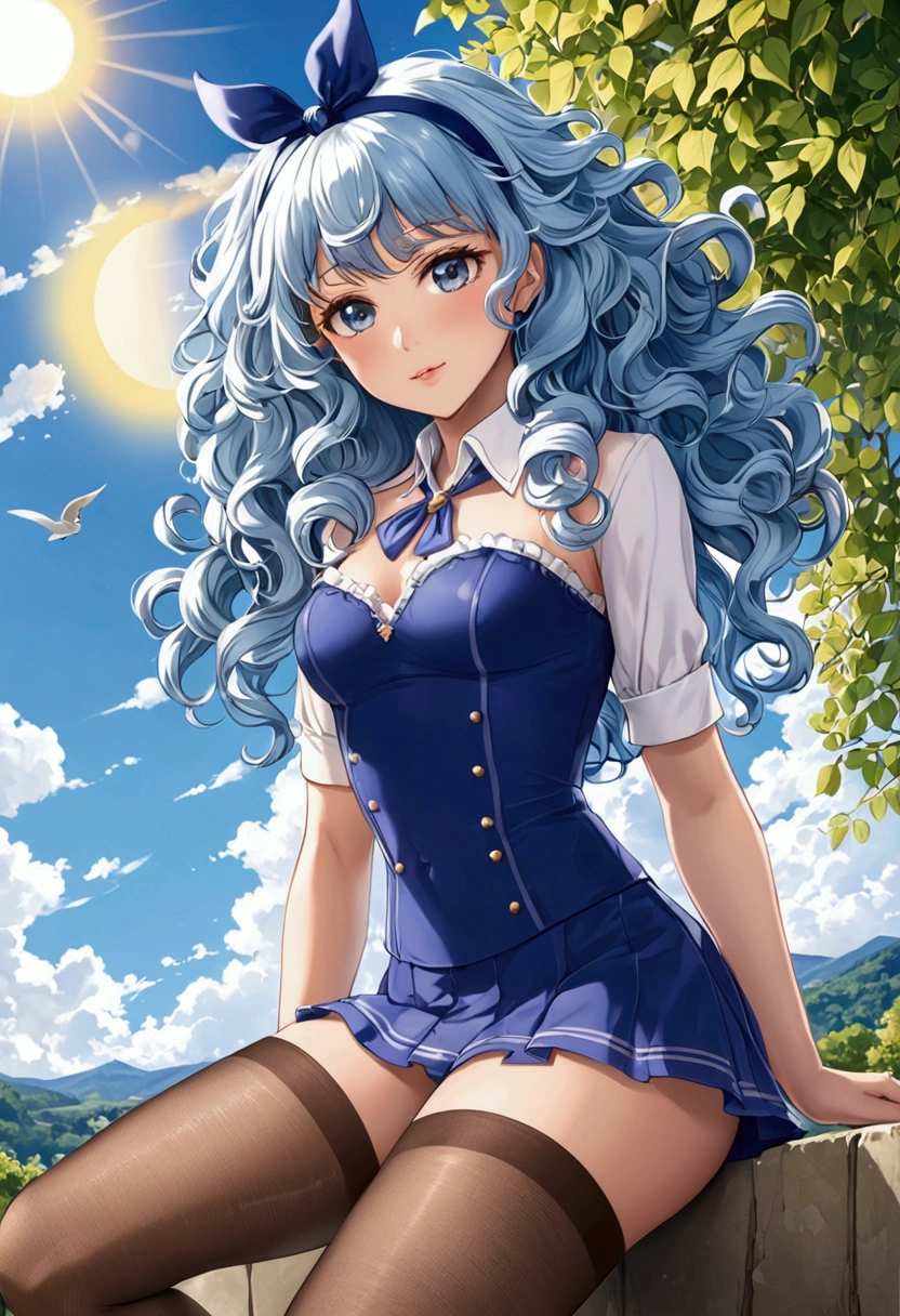 Beautiful Caucasian , blue puffy curly hair,  head band,  very tiny miniskirt,  pantyhose crotch,  open legs,  sun shiny day 