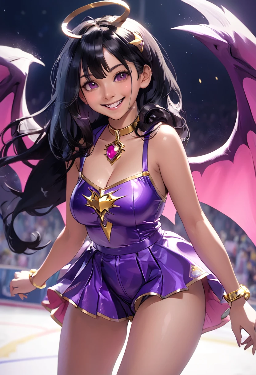 (connie maheswaran  cosplayeng as lilica felchenerow (arcana heart), (skates, gold sleeveless parka:1.2, purple tube top, purple spandex shorts,  purple collar, bat wings), ((masterpiece,best quality, hyper-hdr,  8k uhd,  hyper-detailed)), connie maheswaran, long hair, black hair, pink blade, fangs, full shot, smile, big breast, age 25, sensual pin-up,  flirty cleavage  tease