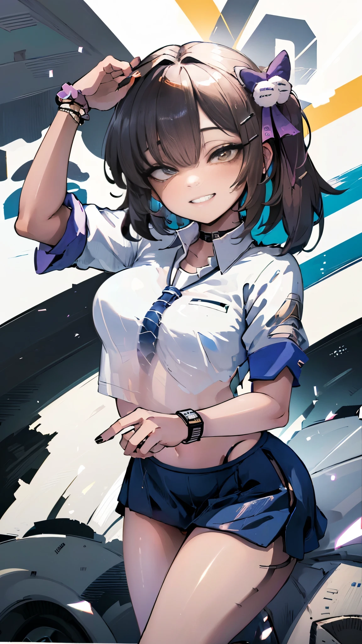 (8K、Best image quality、Highest quality、masterpiece)、Detailed face、((One ))、Black Hair、Bobcut、Blunt bangs、Bright Blue Eyes、Wicked Smile、((Grin))、((Small breasts))、Police hat、((Female police officer))、((Pencil Mini Skirt))、Black Pantyhose、Cowboy Shot、salute、Urban Background