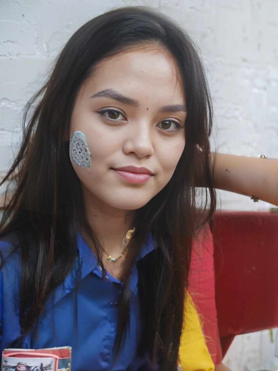 ((Benevolent voluptuous ((Laotian)) 18 yo barista)) sitting at wooden table while intently reading book, (wearing tight streetwear outfit), tattoos on arms and legs, wearing smartwatch, high quality photo, sitting in the middle of the quiet (goth themed cafe with copious potted cannabis sativa plants) during golden hour