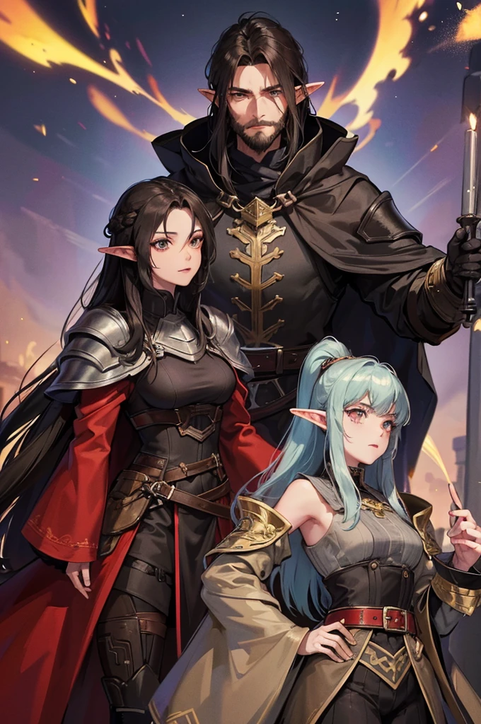 Lucas and Elara stand together in a bustling war camp. The camp is filled with a diverse array of soldiers from the three allied races—humans, elves, and dwarves. Lucas, tall and imposing, wears his sleek black dragon-scale armor with dark red accents, holding his Barret .50 rifle. His black hair is tousled from the recent journey, and his dark brown eyes show determination. Elara, by his side, wears her newly reforged black armor made from Nargoth's scales, accented with deep red highlights. Her black hair is tied back in a high ponytail, and her deep green eyes are focused and fierce. The backdrop features a mix of medieval tents and advanced weaponry, including Gatling guns and enchanted weapon racks. The sky above is a mix of twilight hues, with the first stars beginning to appear, casting a serene yet tense atmosphere over the camp. In the background, leaders from each race—an imposing dwarf with a long beard, a regal elf with flowing robes, and a stern human king in armor—are seen giving final instructions to their troops, readying them for the imminent invasion.