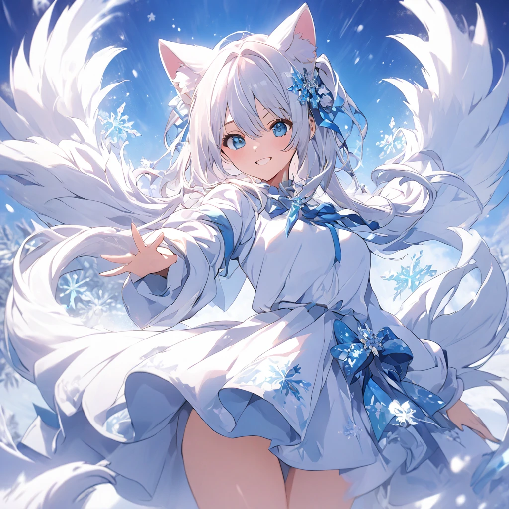 *8k Masterpiece, Top Quality, Best Quality, Official Art, (Beauty and Aesthetics: 1.3), Extremely Detailed, (Fractal Art: 1.3), White hair. cat ears. girl. Cute. Snow. blue eyes. small smile. fluffy cat tail. magical girl. dynamic pose.