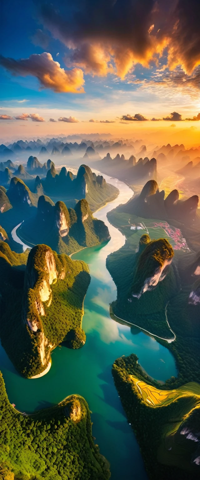 (Highest quality),(masterpiece:1.2),(Very detailed:1.2),Ultra-high resolution,RAW color photos,8K,Vast landscape photography,Realistic photos,Elaborate photos,Skydiving viewpoint,Written boundary depth,Sharp focus,In the clouds,Guilin,Sunset,Beautiful colors,Written boundary depth,Wide Light,Low contrast,Backlight,Sharp focus,Vibrant colors,moving composition