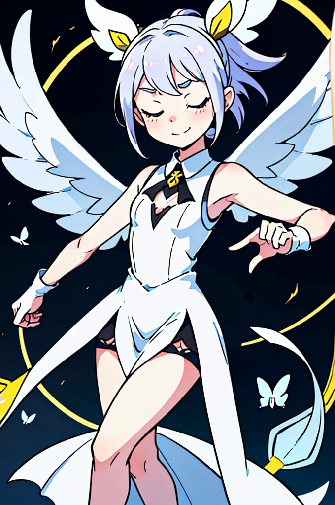 Create an innocent girl with wings instead of ears, platinum ruby hair, with his eyes closed and with a mesh cut up to his white nose that covers his eyes, a small smile, White skin, with little chest, that has a waist and too much hip, Your dress should be a short white dress and a black tie., sleeveless and white gloves, also that it has a golden lyre and white butterflies around it.
The mesh has to be like the genshin impact character columbina, that has a golden halo with golden eyes as decoration.