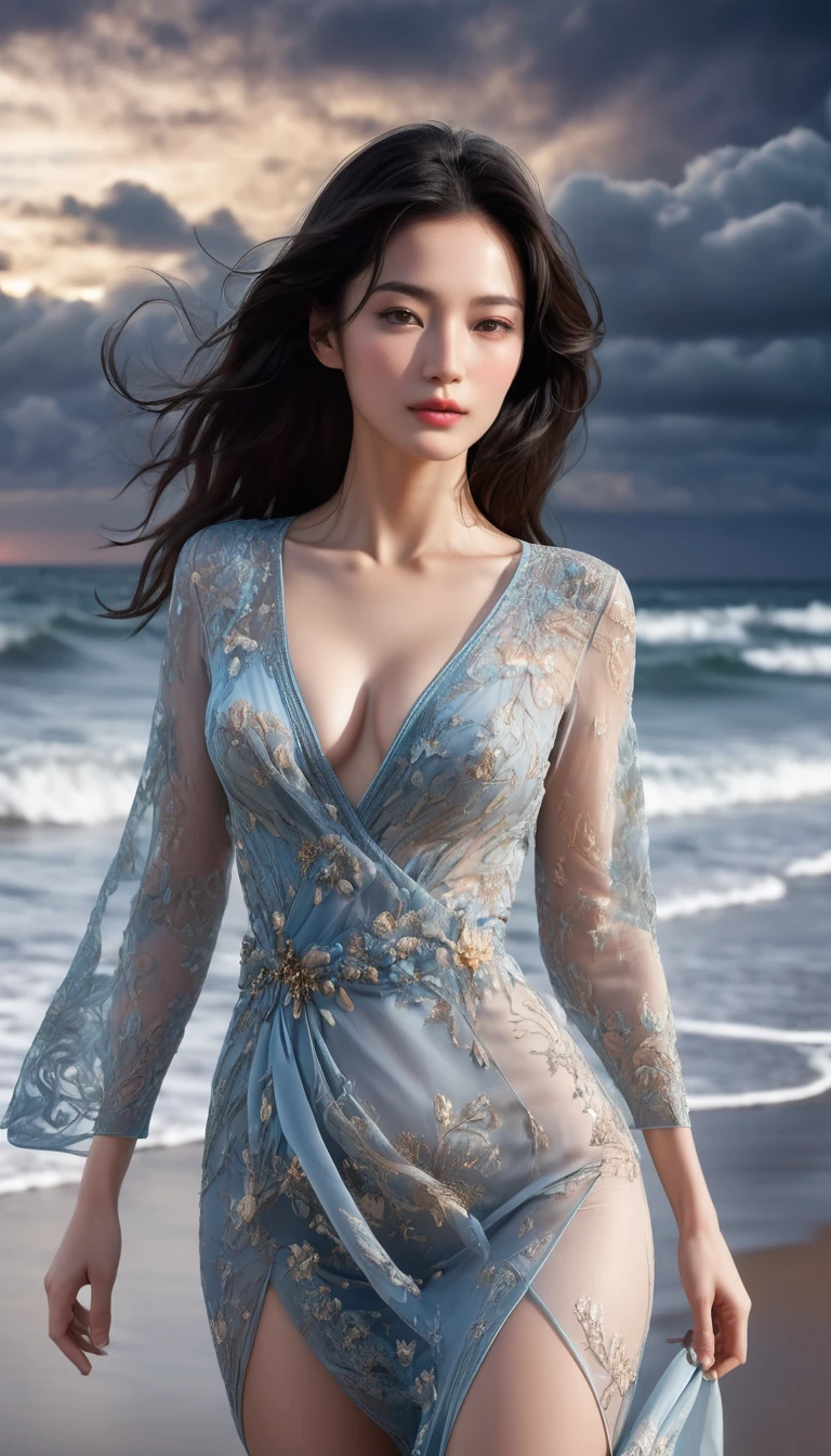 ((Masterpieces with up to 16K resolution:1.6)),Highest quality,it is really amazing,Very detailed,Ultra-high resolution,((Real:1.5)),((Realistic:1.5)),Increased depth of field,((Cinematic Light Effects:1.5)),
Elegant mature woman,((Focus on a woman's face:1.5)),
Long black hair,((Ultra-detailed and beautiful faces:1.5)),Translucent white skin,Very detailedな肌の質感,Great proportions,Anatomically correct body,
elegant beach dress,Artistic design,Beautiful and detailed pattern,Luxurious jewellery decoration,Detailed fabric texture,
Coastal landscape at dusk,Dark clouds and dark sky,delay々Continuing sandy beach, Deserted Beach,Dark sea surface,
(((Close-up shot of face:1.8))),