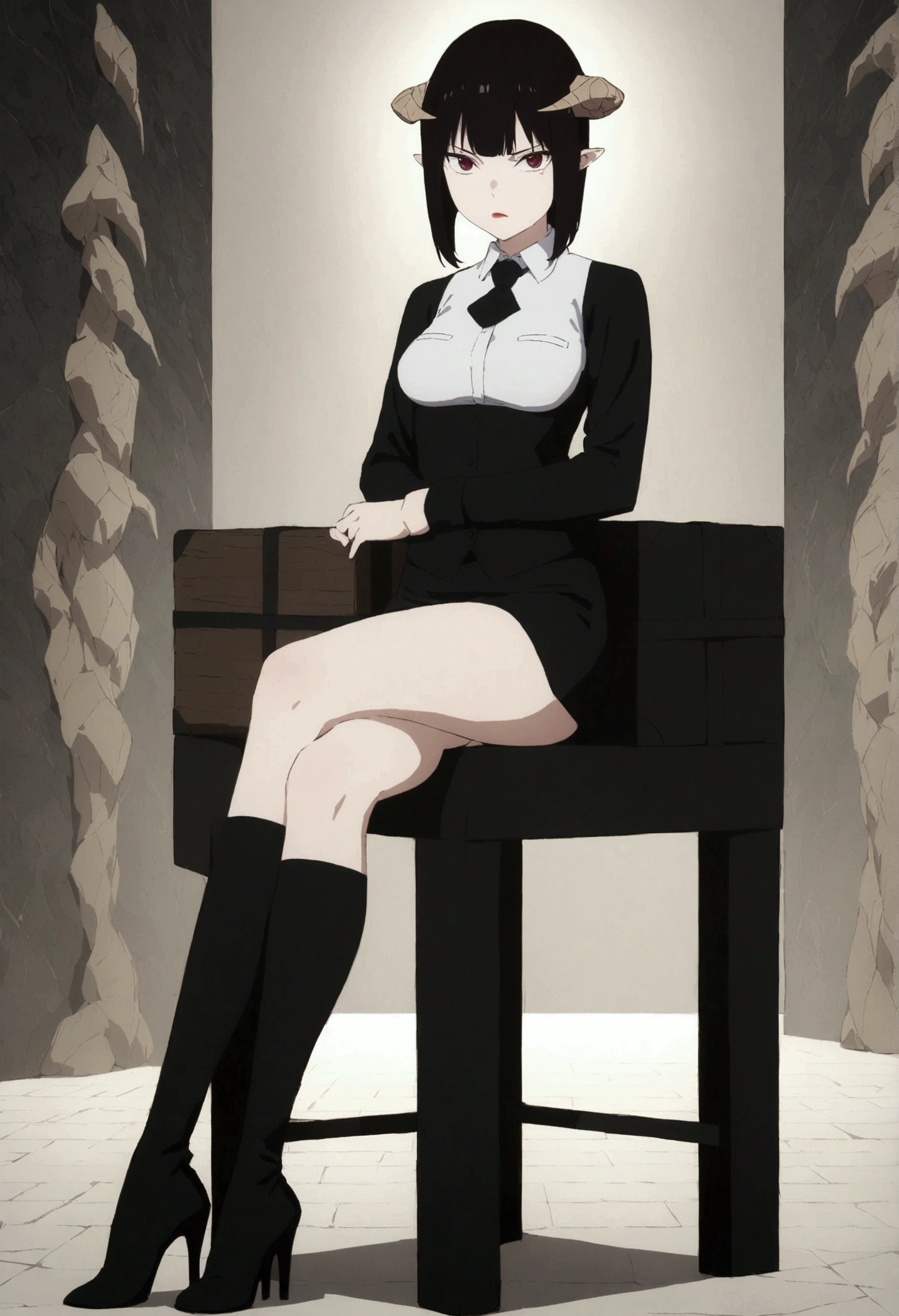 (work of art, ultra detali,high resolution,8K), 1 girl ,standing alone,hinterland,Look to viewer, TochaTortura, trunk,sheen,brunette skin,sitting on a chair,legs crossed,,black socks,black short skirt,horns on head,serious look,staring overhead,black boots with high heels