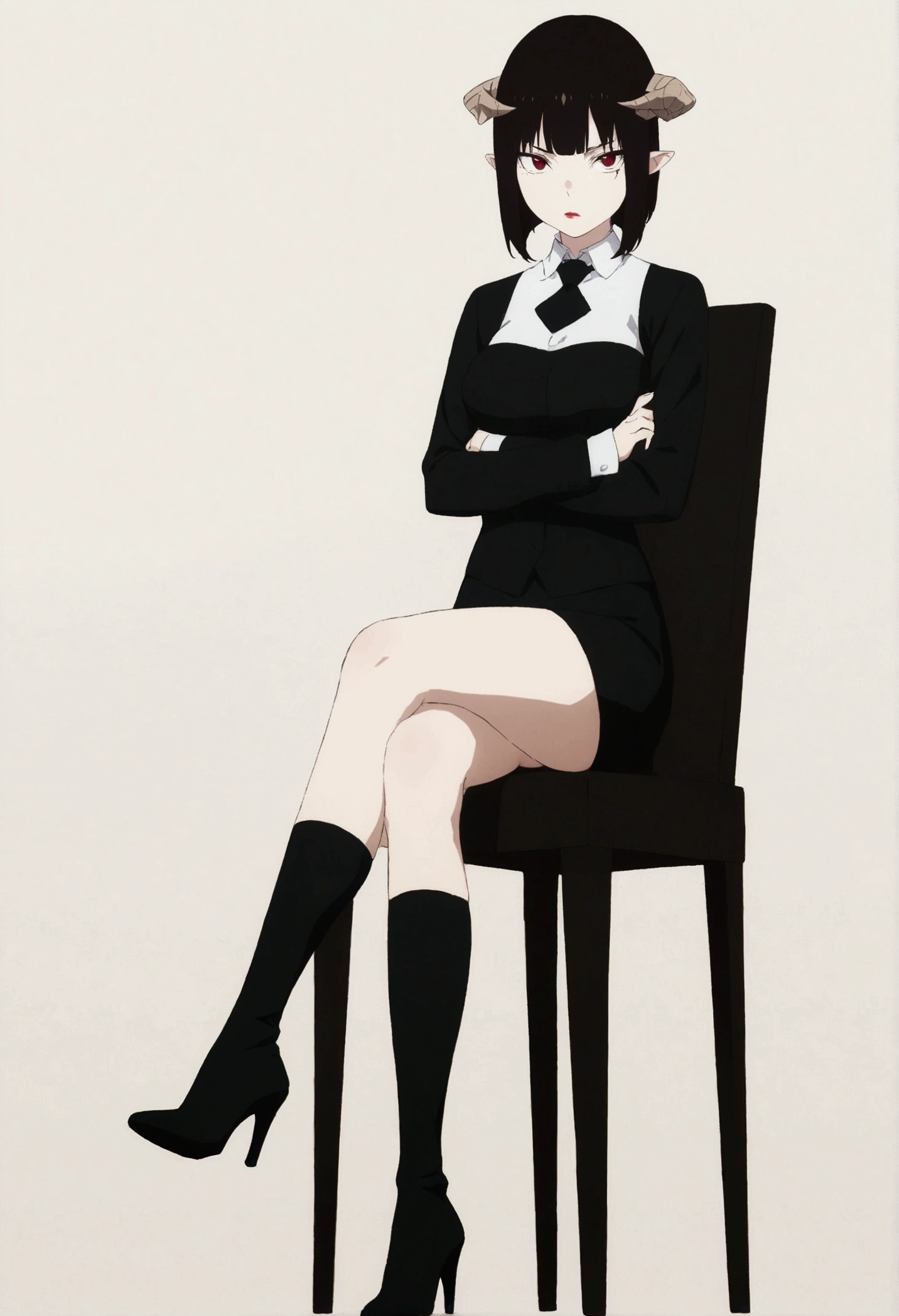(work of art, ultra detali,high resolution,8K), 1 girl ,standing alone,hinterland,Look to viewer, TochaTortura, trunk,sheen,brunette skin,sitting on a chair,legs crossed,,black socks,black short skirt,horns on head,serious look,staring overhead,black boots with high heels