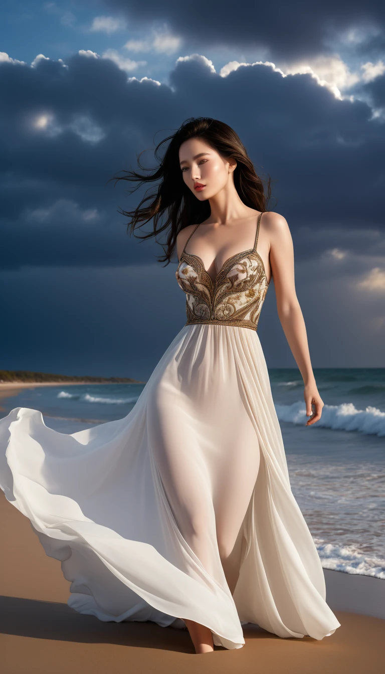 ((Masterpieces with up to 16K resolution:1.6)),Highest quality,it is really amazing,Very detailed,Ultra-high resolution,((Real:1.5)),((Realistic:1.5)),Increased depth of field,((Cinematic Light Effects:1.5)),
Elegant mature woman,((Focus on a woman's face:1.5)),
Long black hair,((Ultra-detailed and beautiful faces:1.5)),Translucent white skin,Very detailedな肌の質感,Great proportions,Anatomically correct body,
elegant beach dress,Artistic design,Beautiful and detailed pattern,Luxurious jewellery decoration,Detailed fabric texture,
Coastal landscape at dusk,Dark clouds and dark sky,delay々Continuing sandy beach, Deserted Beach,Dark sea surface,
(((Close-up shot of face:1.8))),