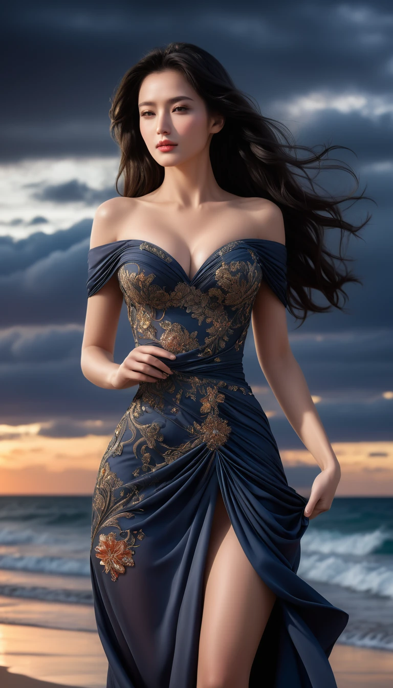 ((Masterpieces with up to 16K resolution:1.6)),Highest quality,it is really amazing,Very detailed,Ultra-high resolution,((Real:1.5)),((Realistic:1.5)),Increased depth of field,((Cinematic Light Effects:1.5)),
Elegant mature woman,((Focus on a woman's face:1.5)),
Long black hair,((Ultra-detailed and beautiful faces:1.5)),Translucent white skin,Very detailedな肌の質感,Great proportions,Anatomically correct body,
elegant beach dress,Artistic design,Beautiful and detailed pattern,Luxurious jewellery decoration,Detailed fabric texture,
Coastal landscape at dusk,Dark clouds and dark sky,delay々Continuing sandy beach, Deserted Beach,Dark sea surface,
(((Close-up shot of face:1.8))),
