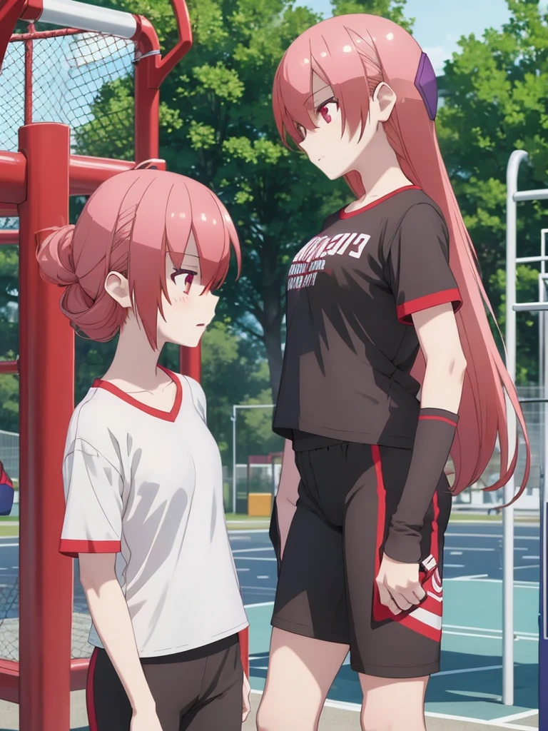 Tsukasa, 1girl, as an athlete, wearing sports t-shirt and pants, at a playground ,, 8k, high detailed, high quality