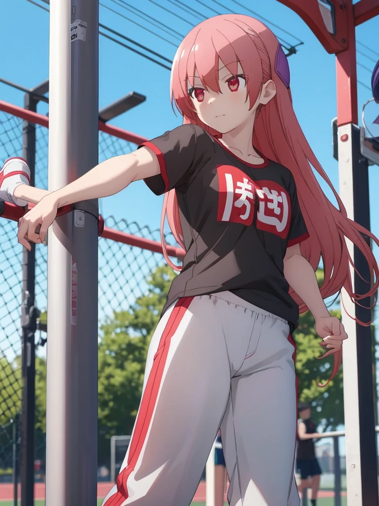 Tsukasa, 1girl, as an athlete, wearing sports t-shirt and pants, at a playground ,, 8k, high detailed, high quality