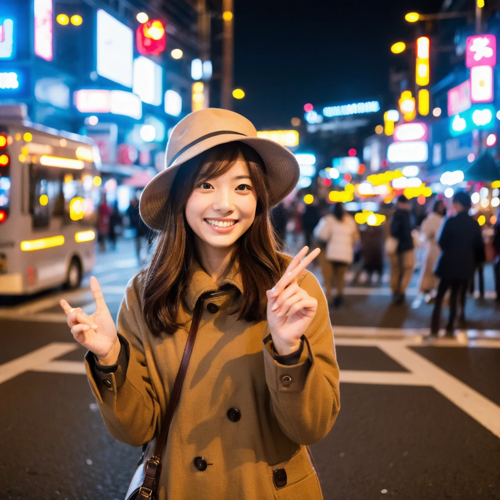 A charming Japanese woman with a playful smile. She has shoulder-length wavy brown hair and is wearing a stylish, modern outfit with a cute hat. Her eyes are bright and lively, with a hint of mischief. She is standing in a bustling city street with colorful signs and lights, capturing the vibrant energy of Tokyo at night. Her pose is confident and dynamic, exuding a sense of adventure and excitement.
