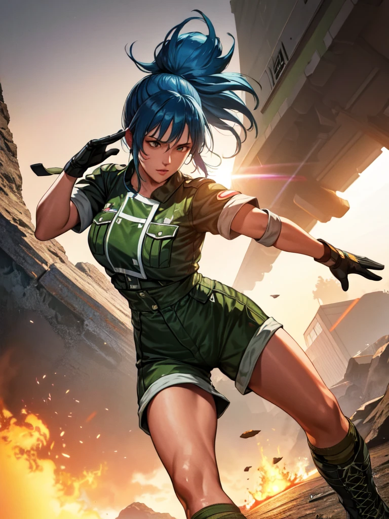 30-year-old woman, alone, athletic, blue hair tied in a ponytail, wears green military shorts, wears a green military top, wears dark gloves, has military boots, high resolution, perfect image, very detailed, high contrast, colors digital, simple, medium shot, cinematic, ultra-sharp focus, award-winning photography, perfect contrast, high sharpness, depth of field, ultra-detailed photography. global illumination, fluid, ultra high definition, 8k, Unreal Engine 5, ultra sharp focus, award-winning photography, Art Season Trends,
