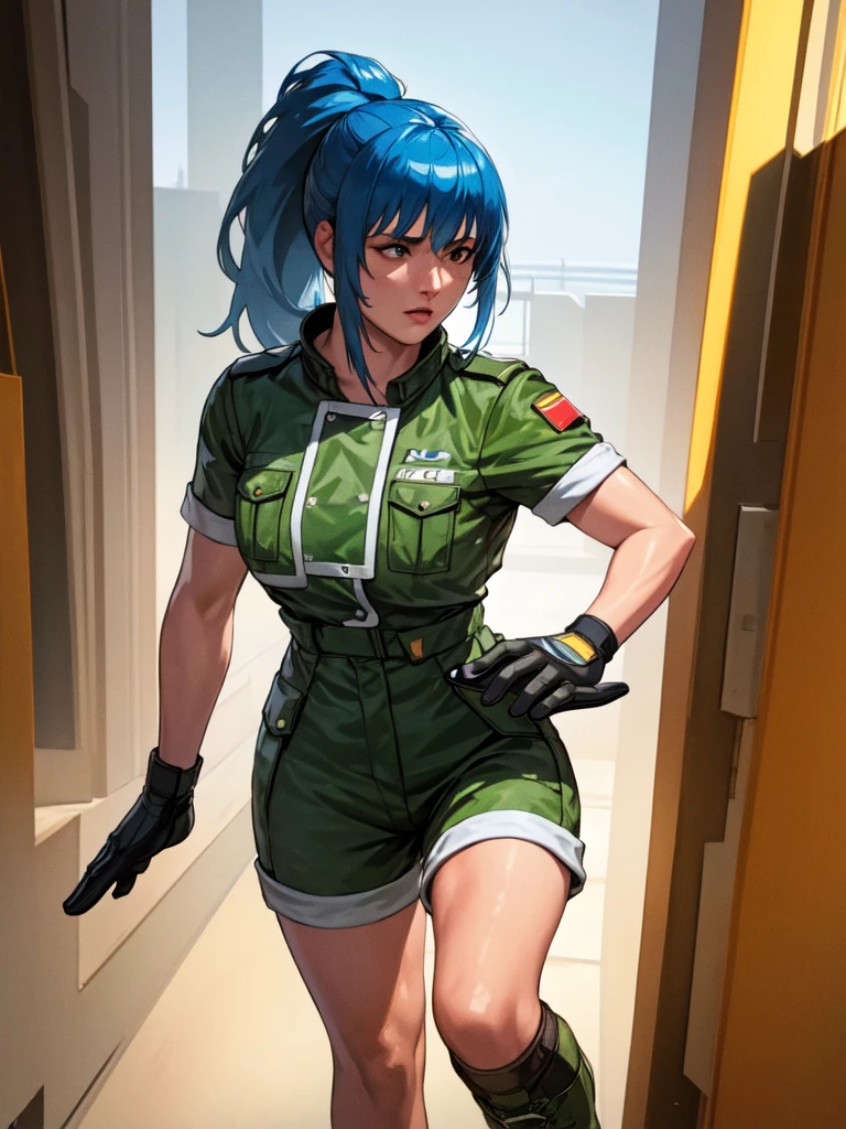 30-year-old woman, alone, athletic, blue hair tied in a ponytail, wears green military shorts, wears a green military top, wears dark gloves, has military boots, high resolution, perfect image, very detailed, high contrast, colors digital, simple, medium shot, cinematic, ultra-sharp focus, award-winning photography, perfect contrast, high sharpness, depth of field, ultra-detailed photography. global illumination, fluid, ultra high definition, 8k, Unreal Engine 5, ultra sharp focus, award-winning photography, Art Season Trends,