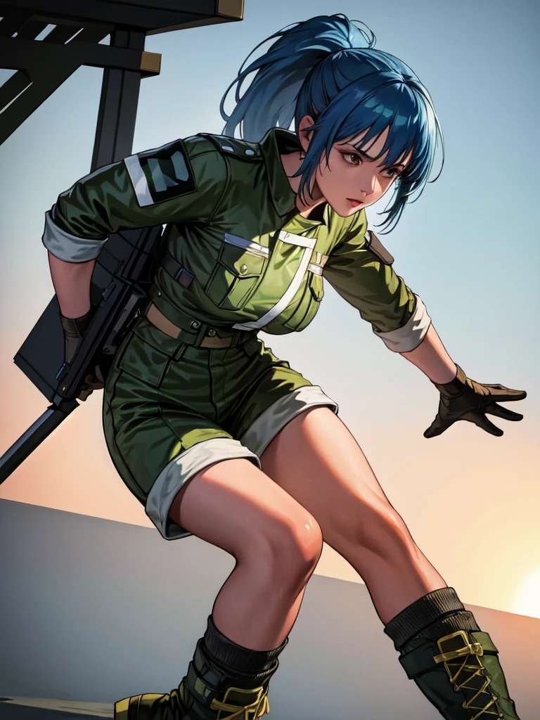 30-year-old woman, alone, athletic, blue hair tied in a ponytail, wears green military shorts, wears a green military top, wears dark gloves, has military boots, high resolution, perfect image, very detailed, high contrast, colors digital, simple, medium shot, cinematic, ultra-sharp focus, award-winning photography, perfect contrast, high sharpness, depth of field, ultra-detailed photography. global illumination, fluid, ultra high definition, 8k, Unreal Engine 5, ultra sharp focus, award-winning photography, Art Season Trends,
