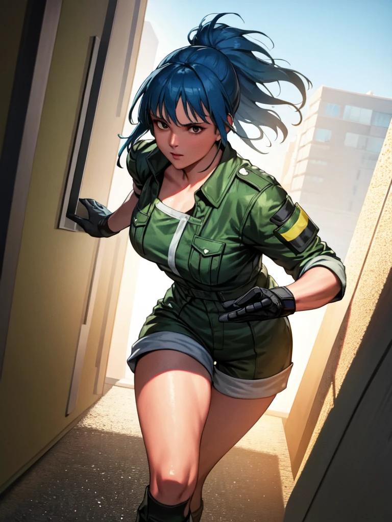 30-year-old woman, alone, athletic, blue hair tied in a ponytail, wears green military shorts, wears a green military top, wears dark gloves, has military boots, high resolution, perfect image, very detailed, high contrast, colors digital, simple, medium shot, cinematic, ultra-sharp focus, award-winning photography, perfect contrast, high sharpness, depth of field, ultra-detailed photography. global illumination, fluid, ultra high definition, 8k, Unreal Engine 5, ultra sharp focus, award-winning photography, Art Season Trends,
