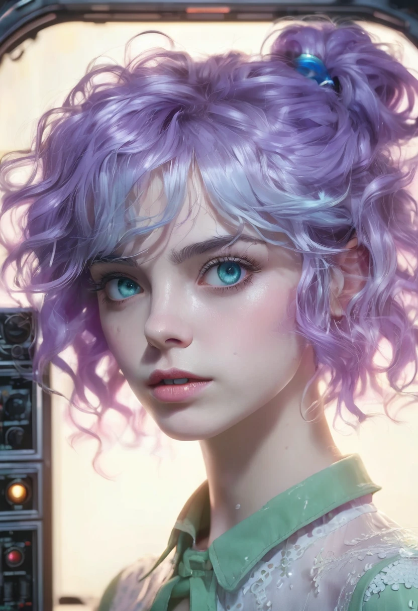 1 girl, in front of a control panel, wearing a lilac blouse with white balls, detailed facial features, detailed feminine blue eyes, detailed white skin, messy blue-green hair and curly long bob, strong lighting, envious expression on her face, cold cinematic composition, atmospheric fog, beautiful face, thin chin, beautiful woman, feminine and beautiful, 16 years old (best quality, 4K, 8K, high resolution, art: 1.2), ultra-detailed, (realistic, photorealistic, photorealistic: 1.37)