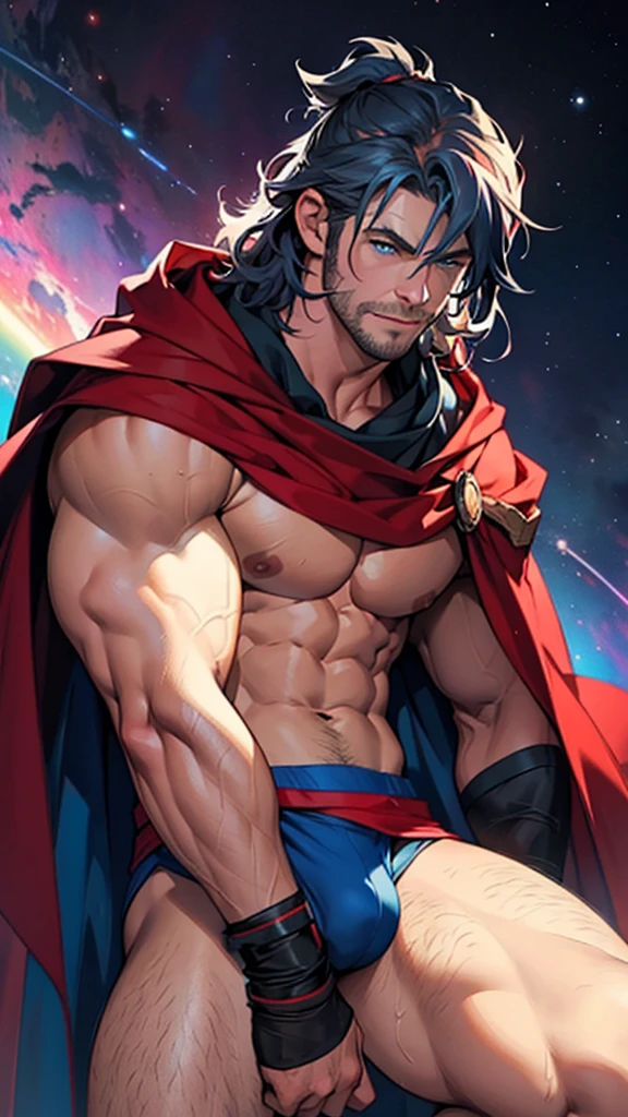 Chris Hemsworth with gorgeous blue eyes, shirtless with no pants on wearing a red cape with a thick large rainbow jockstrap hairy legs, sweating, detailed face with clean lines, with a cosmic space nebula background