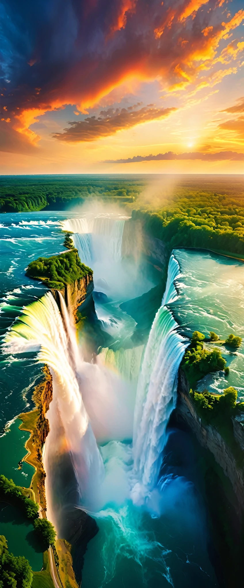 (Highest quality),(masterpiece:1.2),(Very detailed:1.2),Ultra-high resolution,RAW color photos,8K,Vast landscape photography,Realistic photos,Elaborate photos,Skydiving viewpoint,Written boundary depth,Sharp focus,In the clouds,Niagara Falls,Sunset,Beautiful colors,Written boundary depth,Wide Light,Low contrast,Backlight,Sharp focus,Vibrant colors,moving composition