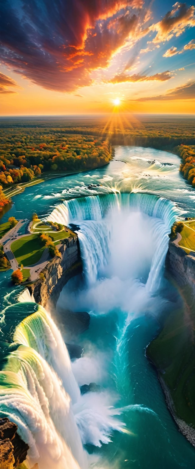 (Highest quality),(masterpiece:1.2),(Very detailed:1.2),Ultra-high resolution,RAW color photos,8K,Vast landscape photography,Realistic photos,Elaborate photos,Skydiving viewpoint,Written boundary depth,Sharp focus,In the clouds,Niagara Falls,Sunset,Beautiful colors,Written boundary depth,Wide Light,Low contrast,Backlight,Sharp focus,Vibrant colors,moving composition