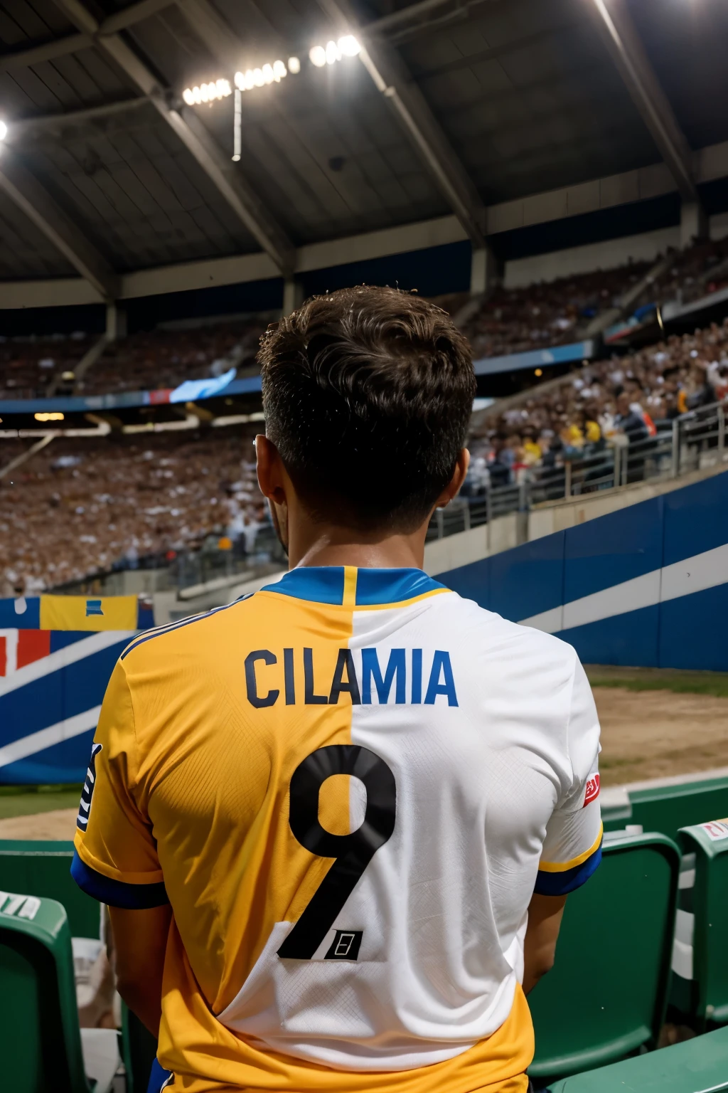 Spectator in the stands with his back to him wearing a Colombian national team shirt with number 7 and name Daza