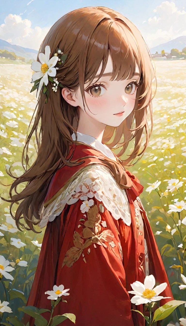 (Highest quality, masterpiece, Ultra-realistic), Portrait of a cute and delicate girl, The background is a white flower field、Brown Hair Color、Red costume