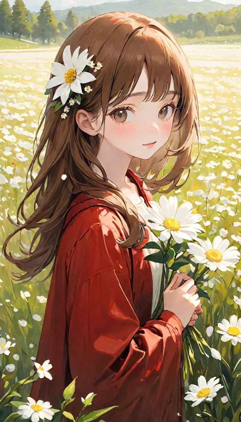 (Highest quality, masterpiece, Ultra-realistic), Portrait of a cute and delicate girl, The background is a white flower field、Brown Hair Color、Red costume