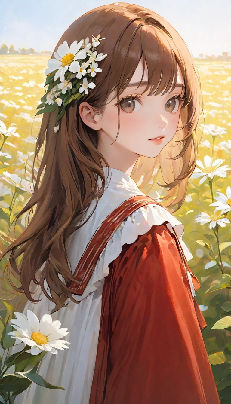 (Highest quality, masterpiece, Ultra-realistic), Portrait of a cute and delicate girl, The background is a white flower field、Brown Hair Color、Red costume