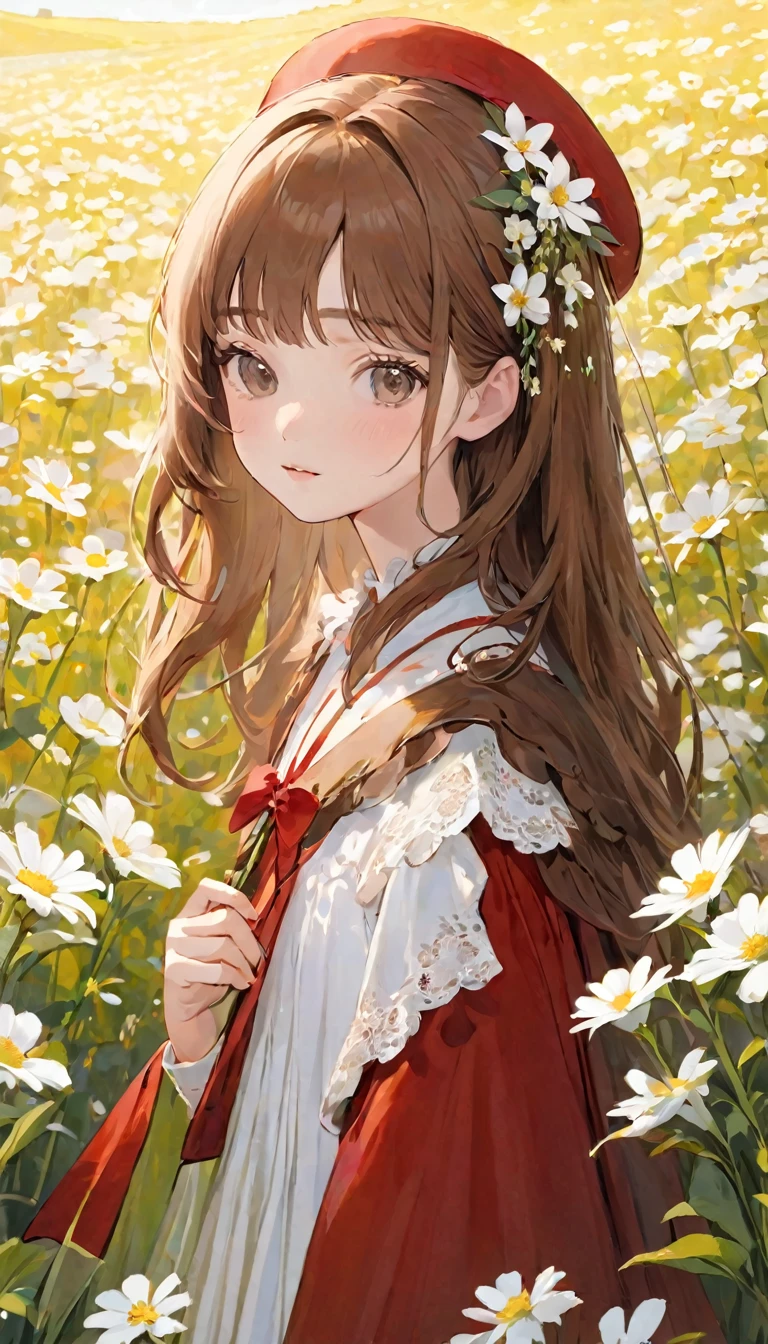 (Highest quality, masterpiece, Ultra-realistic), Portrait of a cute and delicate girl, The background is a white flower field、Brown Hair Color、Red costume
