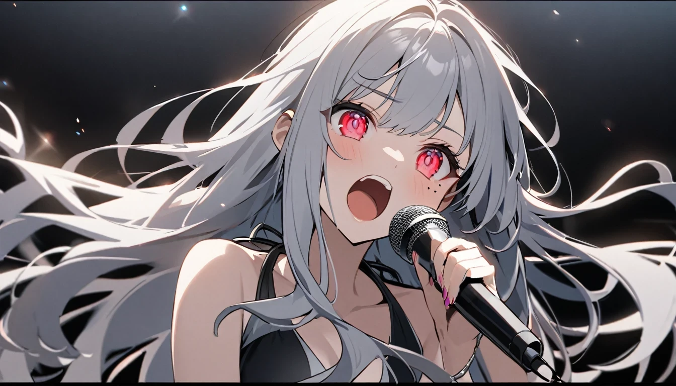 Teen Girl Characters。gray hair color、Glowing red eyes、Long Hair、There is a mole under the left eye。Without background、Depict only one person。Seaside、Swimsuit、Singing with a microphone