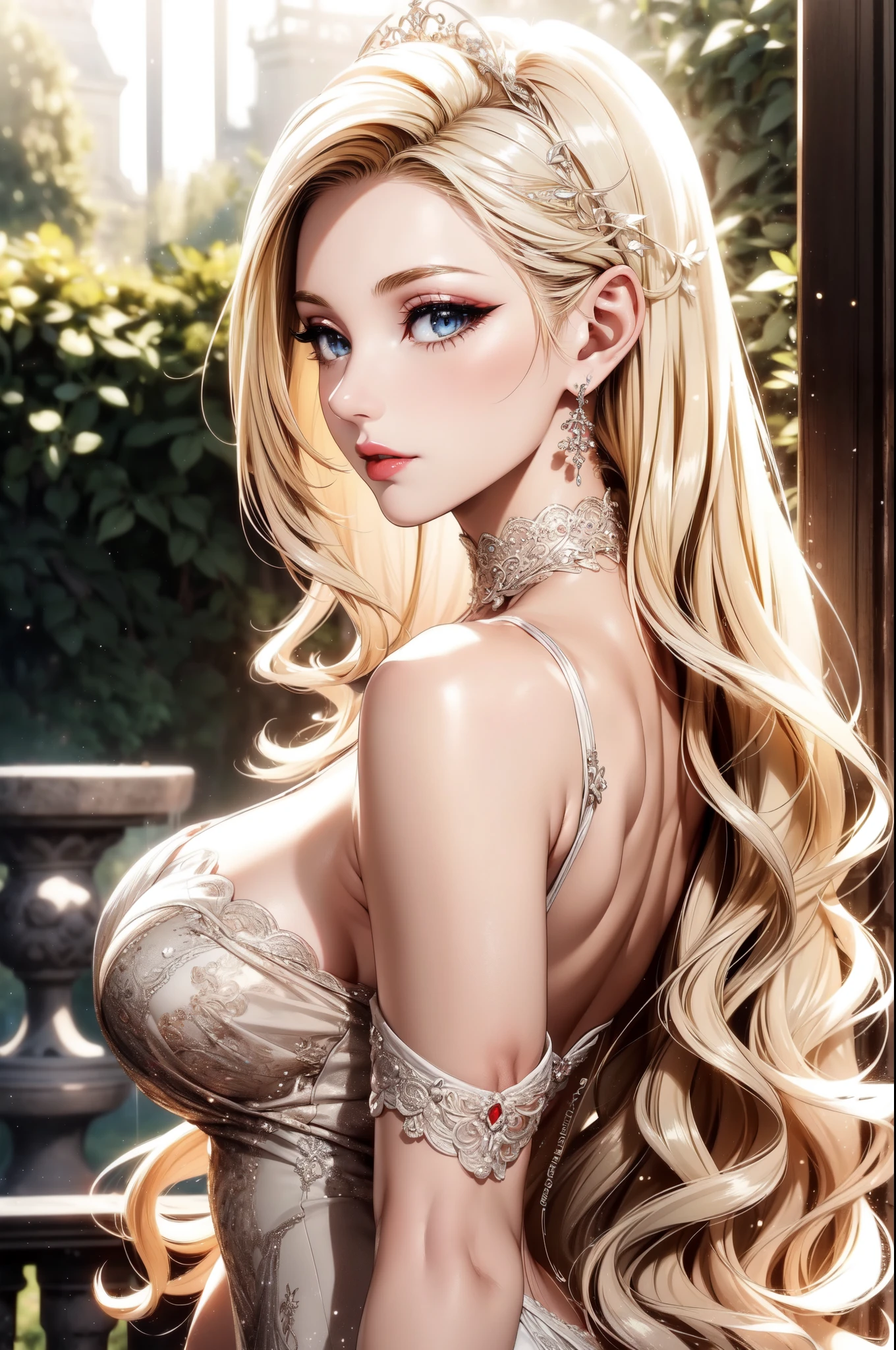 (masterpiece, best quality, beautiful and aesthetic:1.3), (A beautiful elf lady), look back, side view, 1 elf girl, (solo:1.3), light smile, (honey blonde hair streaked beige:1.4), (Gradient sliver hair ends:1.6), hair strand, absurdly long hair, single sidelock, wavy hair, shiny hair, floating hair, (sky blue eyes), delicate eyes, aqua eyes, super high detailed eyes, long upper eyelashes, eyes makeup, red lips, Focus on face, Very detailed facial, (Pretty Face:1.3), Perfect medium chest, slim body, porcelain skin, (Delicate skin texture:1.2), (Highly detailed skin:1.2), bridal veil, lace-trimmed dress, see-through, wedding dress, (outdoors), white roses, garden, (morning), detailed background, beautiful background, standing, whole body, extreme detailed, Edge lighting, two color lights, 8K UHD, Bokeh, イーブイの絵, soft light, Volumetric lighting, confess, warm tone