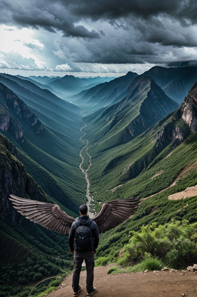 Dark weather monsoon A man ready to fly with wings an mountain