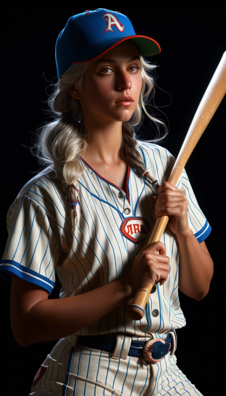 Hyperrealist portrait of female baseball player by david hockney and alphonse mucha,fantasy art, photo realistic, dynamic lighting, artstation, poster, volumetric lighting, very detailed faces, 4 k, award winning,, 1girl, in the dark, deep shadow, low key,cowboy shot,(official clothing:1.4), basball helmet ,long hair,white hair,