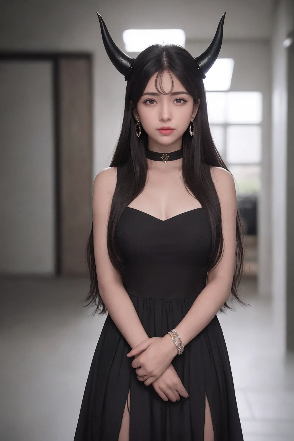 cinematic film , realistic , shallow depth of field, vignette, highly detailed, high budget, bokeh, cinemascope, moody, epic, gorgeous, film grain, grainy, 
a girl with long hair, wearing a shinny black dress, stands in a room with a blurry background. She has both brown and black hair, blue eyes, and is wearing jewelry.  she has a closed mouth. The lighting is cinematic, with side light and sunshine, creating strong contrasts. The girl is looking at the viewer, and her hair falls between her eyes. upper body, earrings, horns, and a choker, and her lips are red. The photo has a high level of detail.