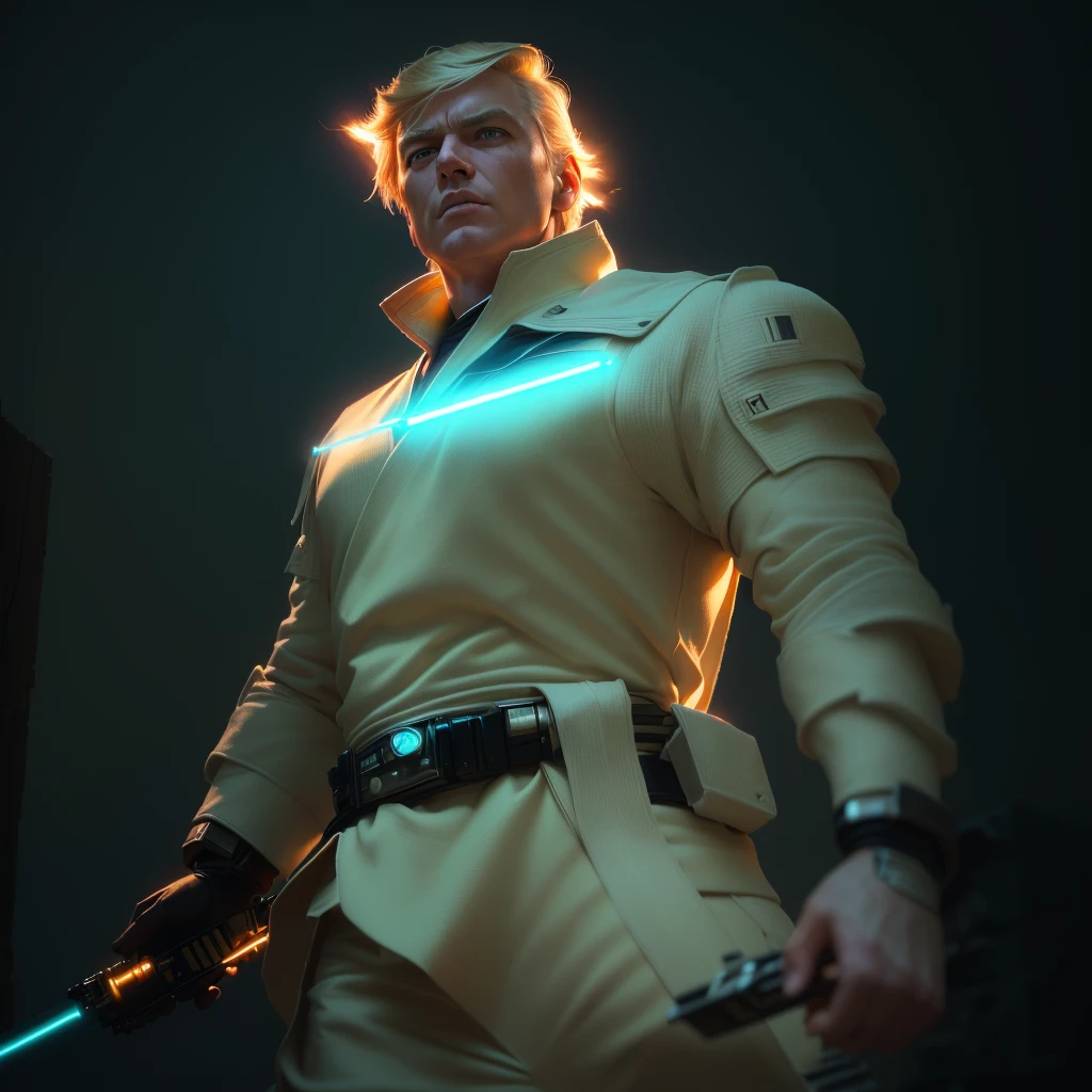 a close up of a person with a green lightsaber, donald trump as a jedi hero, donald trump as a jedi, (best quality,4k,8k,highres,masterpiece:1.2),ultra-detailed,(realistic,photorealistic,photo-realistic:1.37),extremely detailed eyes and face, beautiful detailed eyes, beautiful detailed lips, longeyelashes, incredibly detailed costume, epic cinematic lighting, dramatic action pose, dramatic shadows, dramatic highlights, vivid colors, intricate details, cinematic composition, dynamic energy, powerful presence