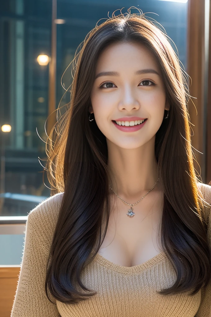 Smile，absurd，Please shut your mouth，Balanced Eyes，（Top Quality Details：1.2），Practical，8K HD，Very detailed，High quality textures，Intricate details，Detailed texture，Finely，High Detail，Highly detailed CG，（Short skirt，black，Long legs，Huge breasts，White long hair），A bustling city，Necklace，Looking at the audience，stand up，（1 face.2）。