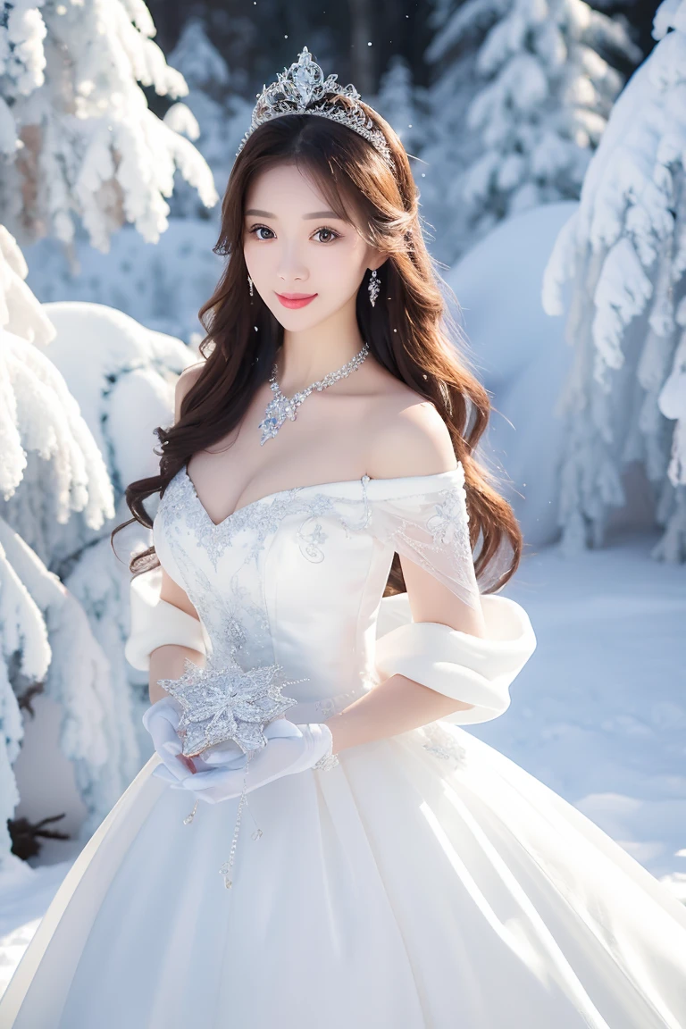 ((highest quality、Tabletop、8K、Best image quality、Extremely intricate and detailed))、The most luxurious and highest quality giant tiara、The most luxurious and highest quality giant necklace、Yukihime、(In the midst of a magnificent and beautiful snowy forest:1.1)、Big and ample breasts、Snow-white skin、Glowing Skin、Dresses that shine in silver、Elegant and beautiful pure white snow dress、Elegant decoration、Diamond Decoration、Artistic decoration、dress with lots of jewels、Extravagance beyond imagination、The most luxurious decoration in the world、Shining Snow、Shining blizzard、Amazing snow scene、Snow like a jewel、Diamond dust、The most realistic and complex backgrounds、Highly detailed and realistic backgrounds、He looks at me coldly and expressionlessly、(Pure white skin:1.1)、Pure white makeup、(Accurate anatomy:1.1)、Above the waist photo、Sparkling and fine shining snow、Spectacular Cinema Lighting、The most delicate sparkle of snow、Snow covered trees々々、Beautiful trees covered with snow々、(Beautiful and fantastic starry sky:1.2)、Amazing starry sky、Starry sky over snowy mountains、that&#39;it&#39;s snowing、Snowy forest、(There is a beautiful clear pond in the distance.:1.2)、Jade green eyes、(The most fantastic and romantic:1.1)、Blurred Background、Photo portrait