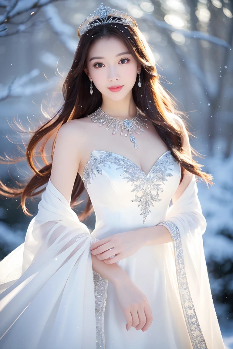 ((highest quality、Tabletop、8K、Best image quality、Extremely intricate and detailed))、The most luxurious and highest quality giant tiara、The most luxurious and highest quality giant necklace、Yukihime、(In the midst of a magnificent and beautiful snowy forest:1.1)、Big and ample breasts、Snow-white skin、Glowing Skin、Dresses that shine in silver、Elegant and beautiful pure white snow dress、Elegant decoration、Diamond Decoration、Artistic decoration、dress with lots of jewels、Extravagance beyond imagination、The most luxurious decoration in the world、Shining Snow、Shining blizzard、Amazing snow scene、Snow like a jewel、Diamond dust、The most realistic and complex backgrounds、Highly detailed and realistic backgrounds、He looks at me coldly and expressionlessly、(Pure white skin:1.1)、Pure white makeup、(Accurate anatomy:1.1)、Above the waist photo、Sparkling and fine shining snow、Spectacular Cinema Lighting、The most delicate sparkle of snow、Snow covered trees々々、Beautiful trees covered with snow々、(Beautiful and fantastic starry sky:1.2)、Amazing starry sky、Starry sky over snowy mountains、that&#39;it&#39;s snowing、Snowy forest、(There is a beautiful clear pond in the distance.:1.2)、Jade green eyes、(The most fantastic and romantic:1.1)、Blurred Background、Photo portrait