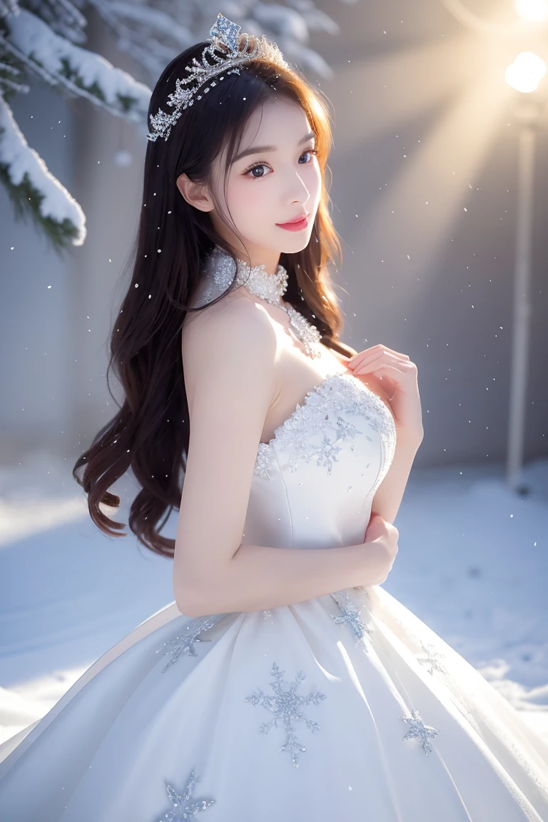 ((highest quality、Tabletop、8K、Best image quality、Extremely intricate and detailed))、The most luxurious and highest quality giant tiara、The most luxurious and highest quality giant necklace、Yukihime、(In the midst of a magnificent and beautiful snowy forest:1.1)、Big and ample breasts、Snow-white skin、Glowing Skin、Dresses that shine in silver、Elegant and beautiful pure white snow dress、Elegant decoration、Diamond Decoration、Artistic decoration、dress with lots of jewels、Extravagance beyond imagination、The most luxurious decoration in the world、Shining Snow、Shining blizzard、Amazing snow scene、Snow like a jewel、Diamond dust、The most realistic and complex backgrounds、Highly detailed and realistic backgrounds、He looks at me coldly and expressionlessly、(Pure white skin:1.1)、Pure white makeup、(Accurate anatomy:1.1)、Above the waist photo、Sparkling and fine shining snow、Spectacular Cinema Lighting、The most delicate sparkle of snow、Snow covered trees々々、Beautiful trees covered with snow々、(Beautiful and fantastic starry sky:1.2)、Amazing starry sky、Starry sky over snowy mountains、that&#39;it&#39;s snowing、Snowy forest、(There is a beautiful clear pond in the distance.:1.2)、Jade green eyes、(The most fantastic and romantic:1.1)、Blurred Background、Photo portrait