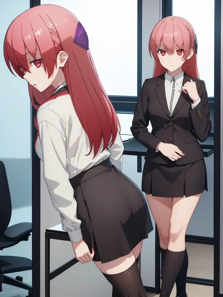 Tsukasa, 1girl, as an office lady, wearing office suit, black colour tight skirt, at an office room,, 8k, high detailed, high quality
